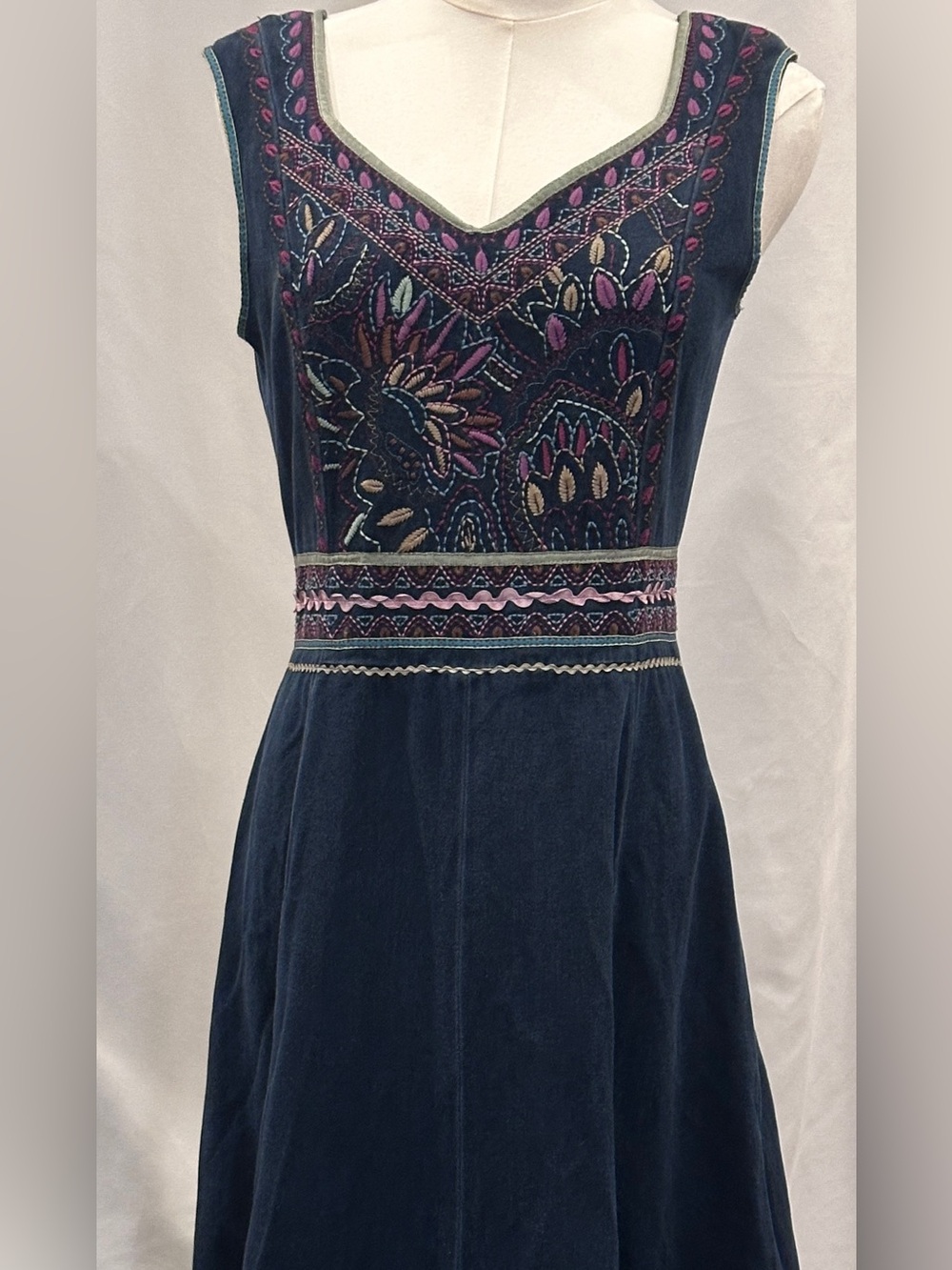 Embroidered Navy Velvet A-Line Dress - Picture 2 of 9